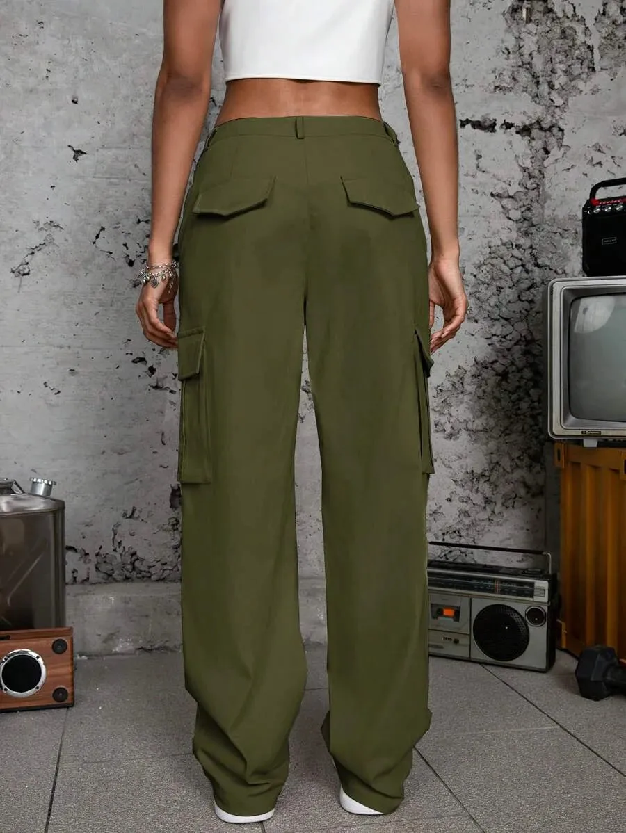 Trendy Drawstring Flap Pocket Side Cargo Pants