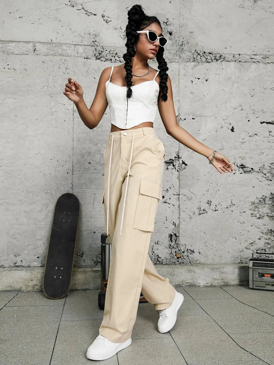 Trendy Drawstring Flap Pocket Side Cargo Pants