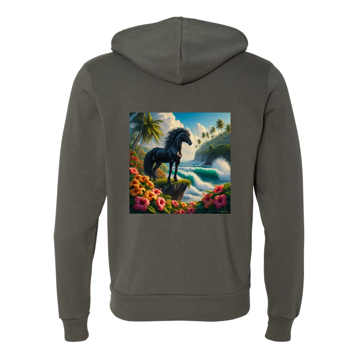 Tropical Black Stallion Horse Zip-Up Front Pocket Hooded Sweatshirts