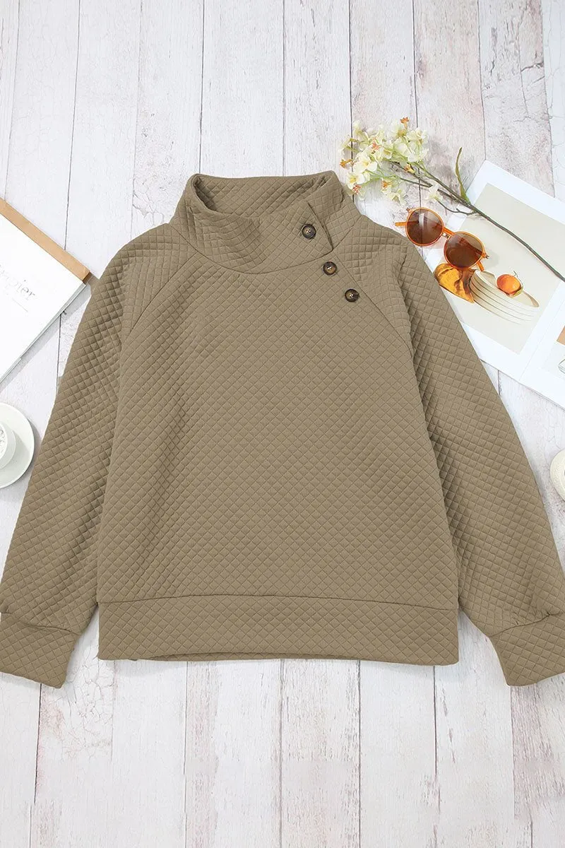 Vermont Views Taupe Quilted Button Neck Sweatshirt