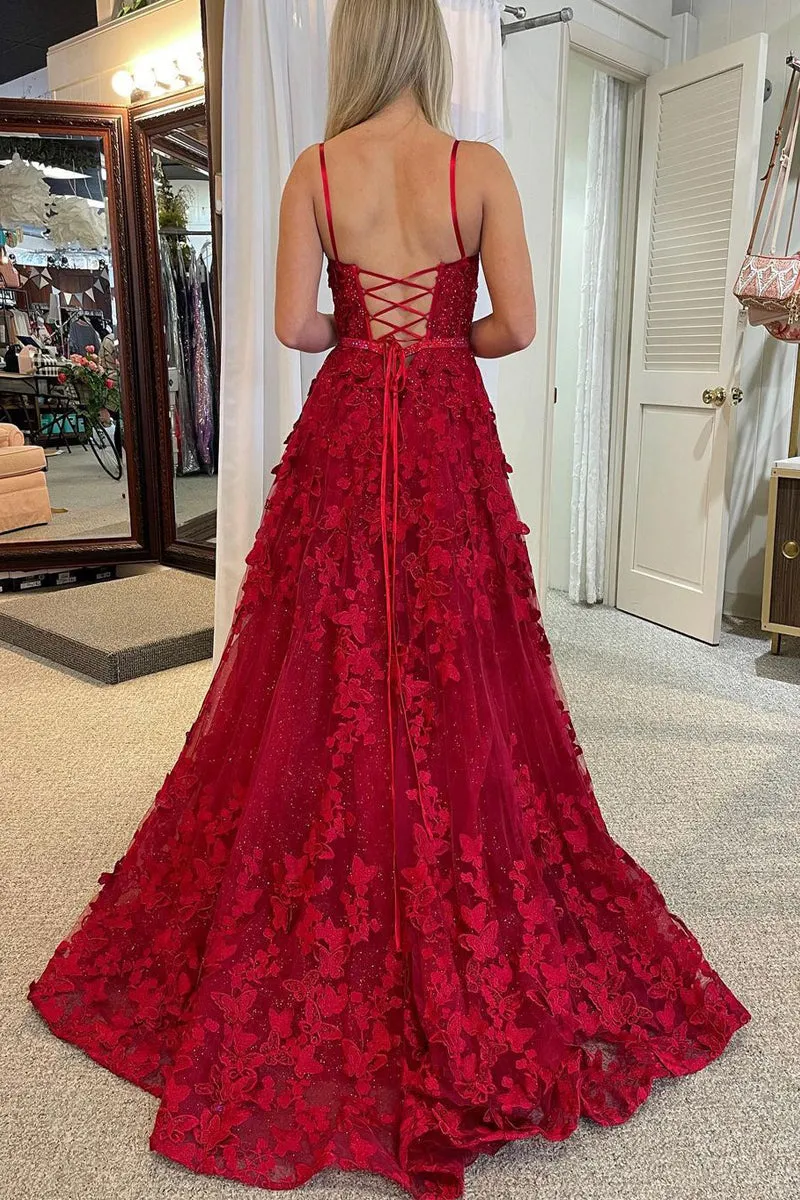 Von | A Line Scoop Neck Red Sequins Lace Long Prom Dresses with 3D Flowers