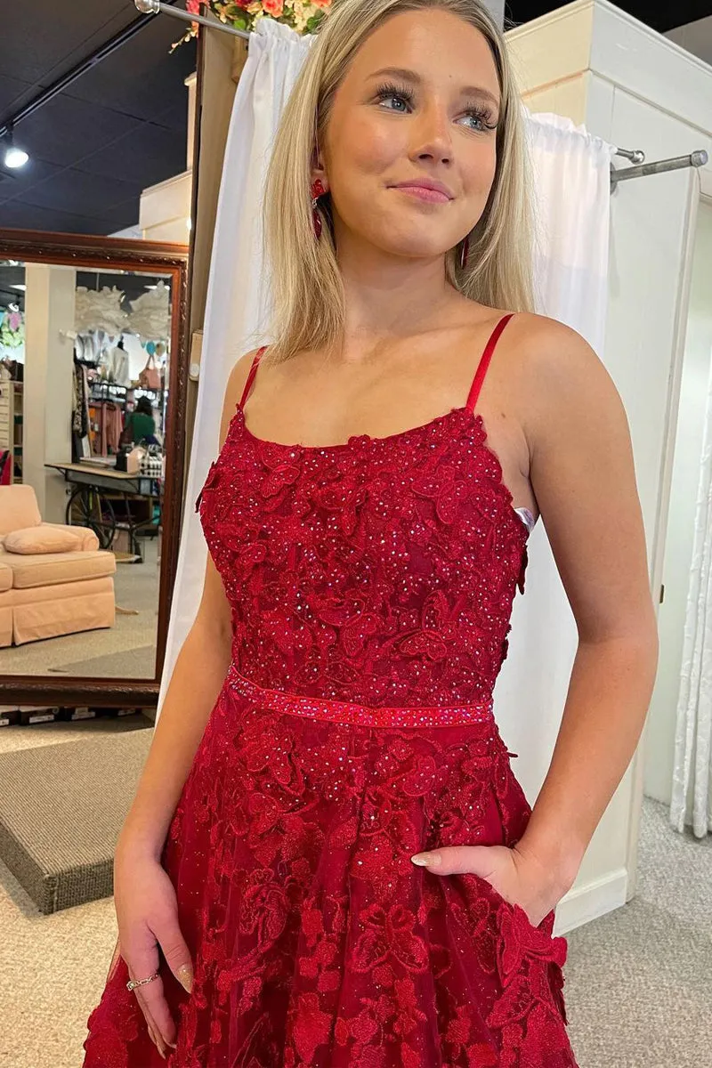 Von | A Line Scoop Neck Red Sequins Lace Long Prom Dresses with 3D Flowers