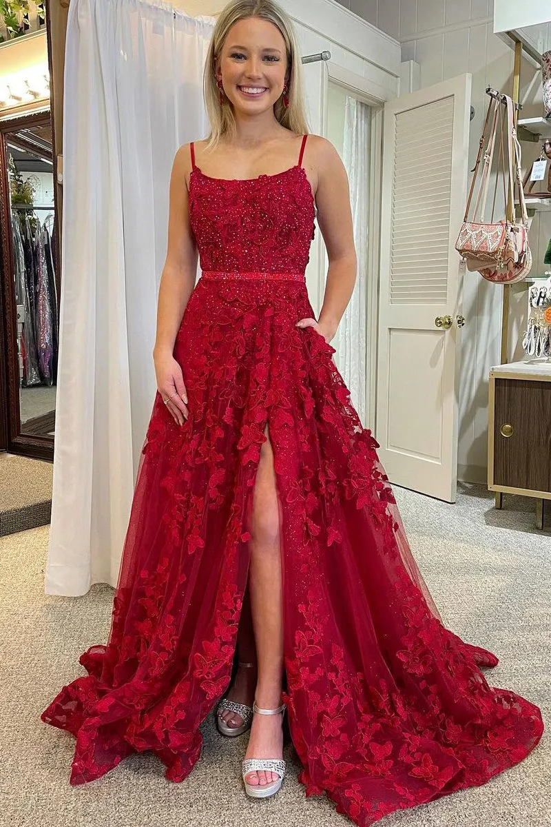 Von | A Line Scoop Neck Red Sequins Lace Long Prom Dresses with 3D Flowers