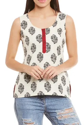 Womens Cotton Printed Short Top Kurti Sleeveless With Contrast Placket And Buttons,2X-Large,W-CST40-3113