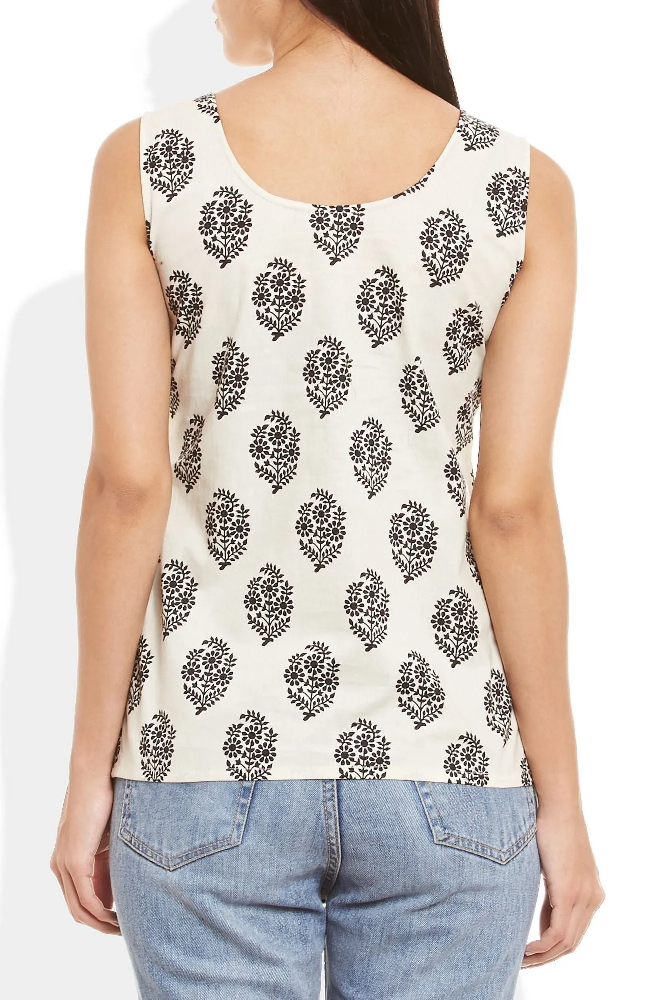 Womens Cotton Printed Short Top Kurti Sleeveless With Contrast Placket And Buttons,2X-Large,W-CST40-3113