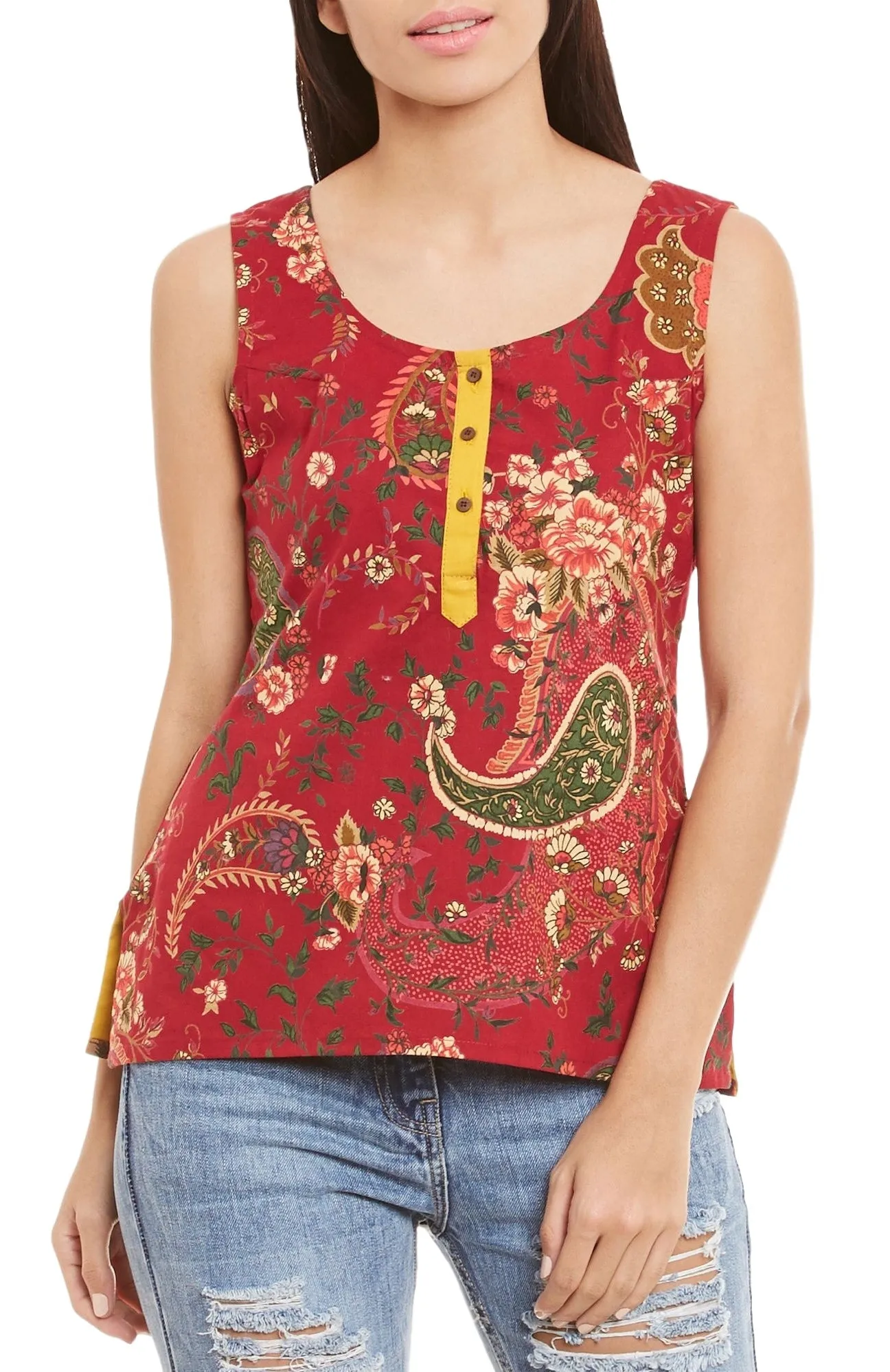 Womens Cotton Printed Short Top Kurti Sleeveless With Contrast Placket And Buttons,5X-Large,W-CST46-3106