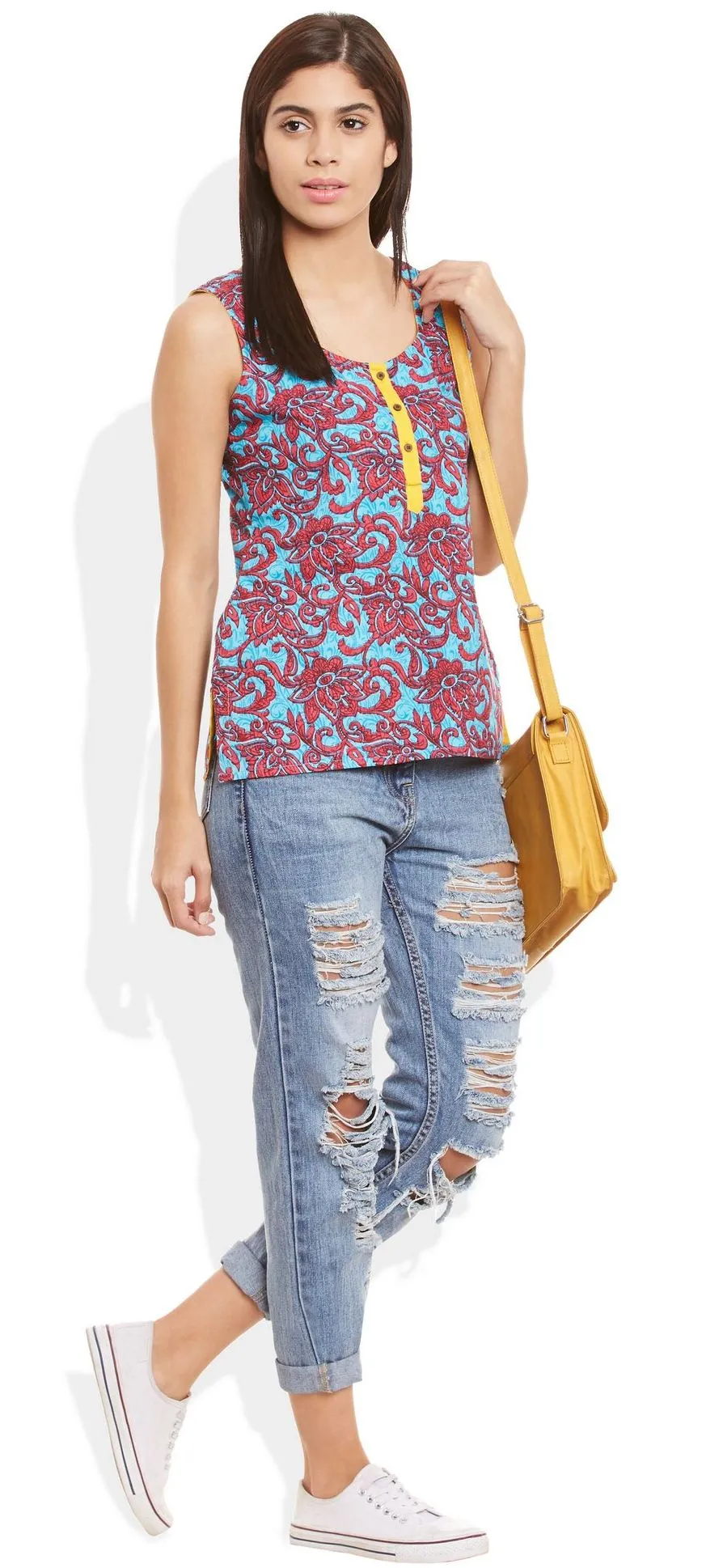 Womens Cotton Printed Short Top Kurti Sleeveless With Contrast Placket And Buttons,5X-Large,W-CST46-3114