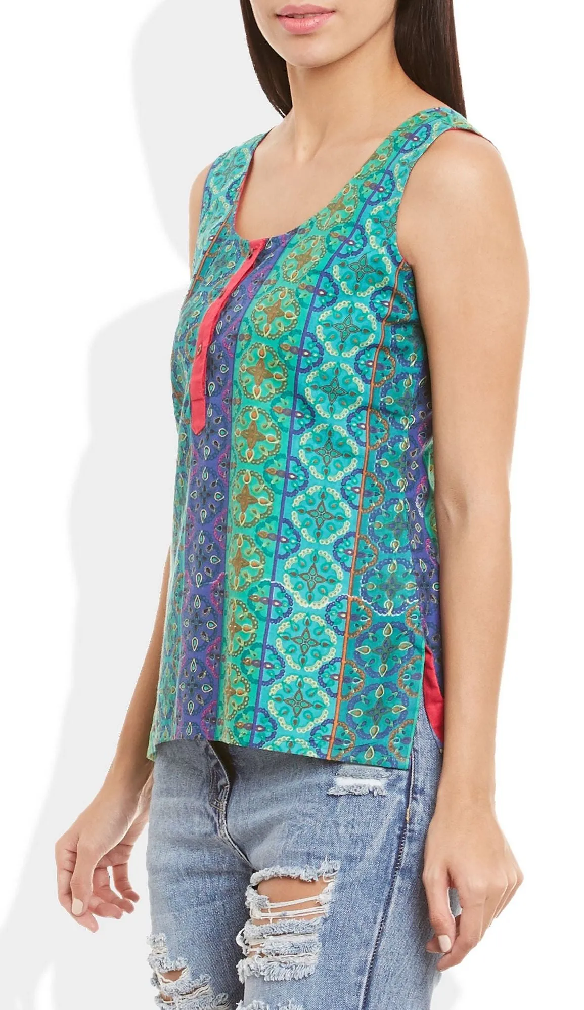 Womens Cotton Printed Short Top Kurti Sleeveless With Contrast Placket And Buttons,5X-Large,W-CST46-3125