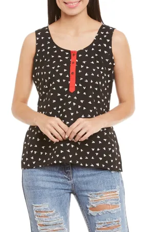 Womens Cotton Printed Short Top Kurti Sleeveless With Contrast Placket And Buttons,Medium,W-CST34-3140