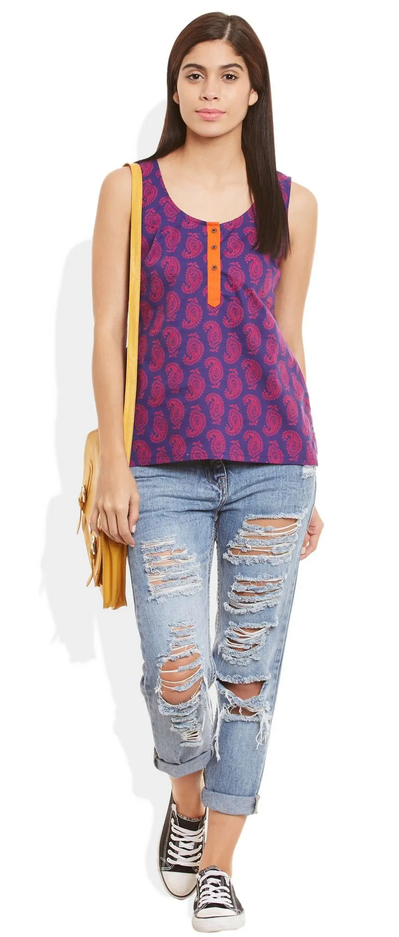 Womens Cotton Printed Short Top Kurti Sleeveless With Contrast Placket And Buttons,Small,W-CST32-3128