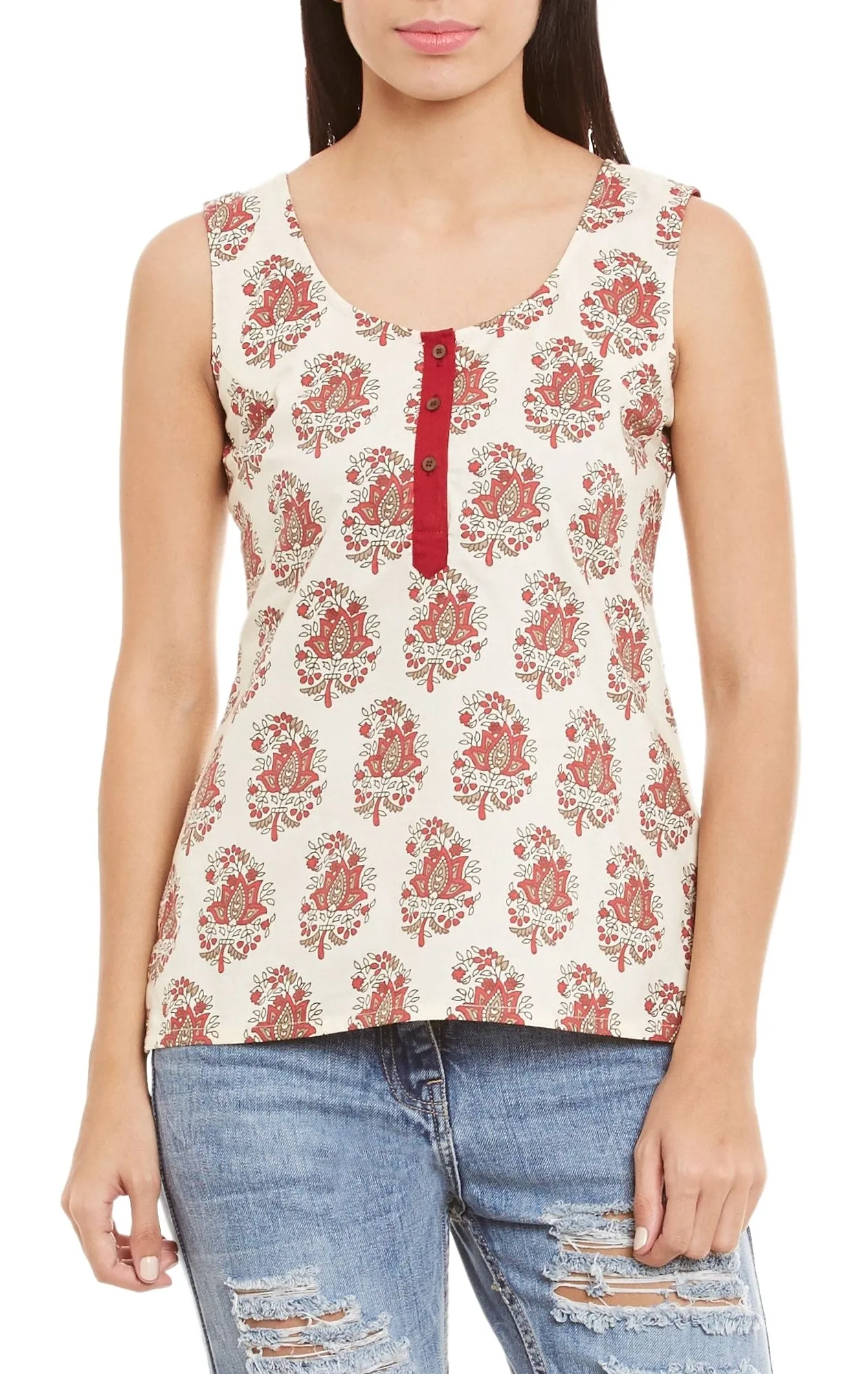 Womens Cotton Printed Short Top Kurti Sleeveless With Contrast Placket And Buttons,Small,W-CST32-3137