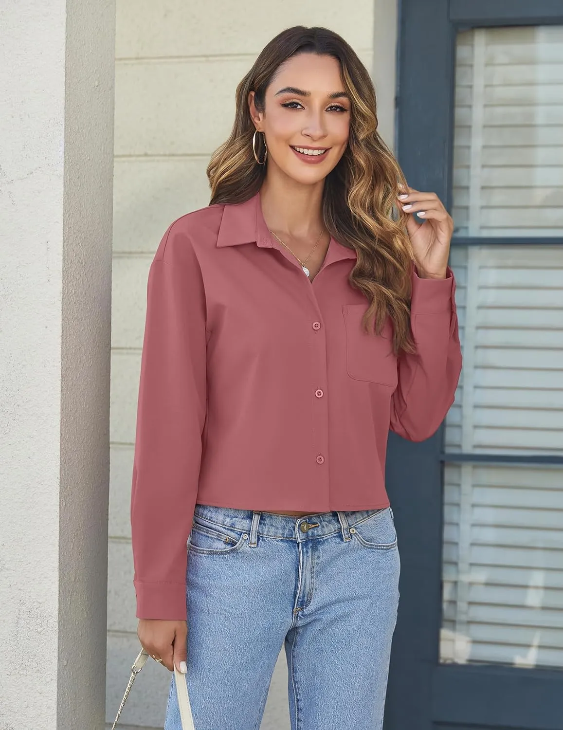 Zeagoo Cropped Button Down Shirts Long Sleeve V Neck Solid Tops