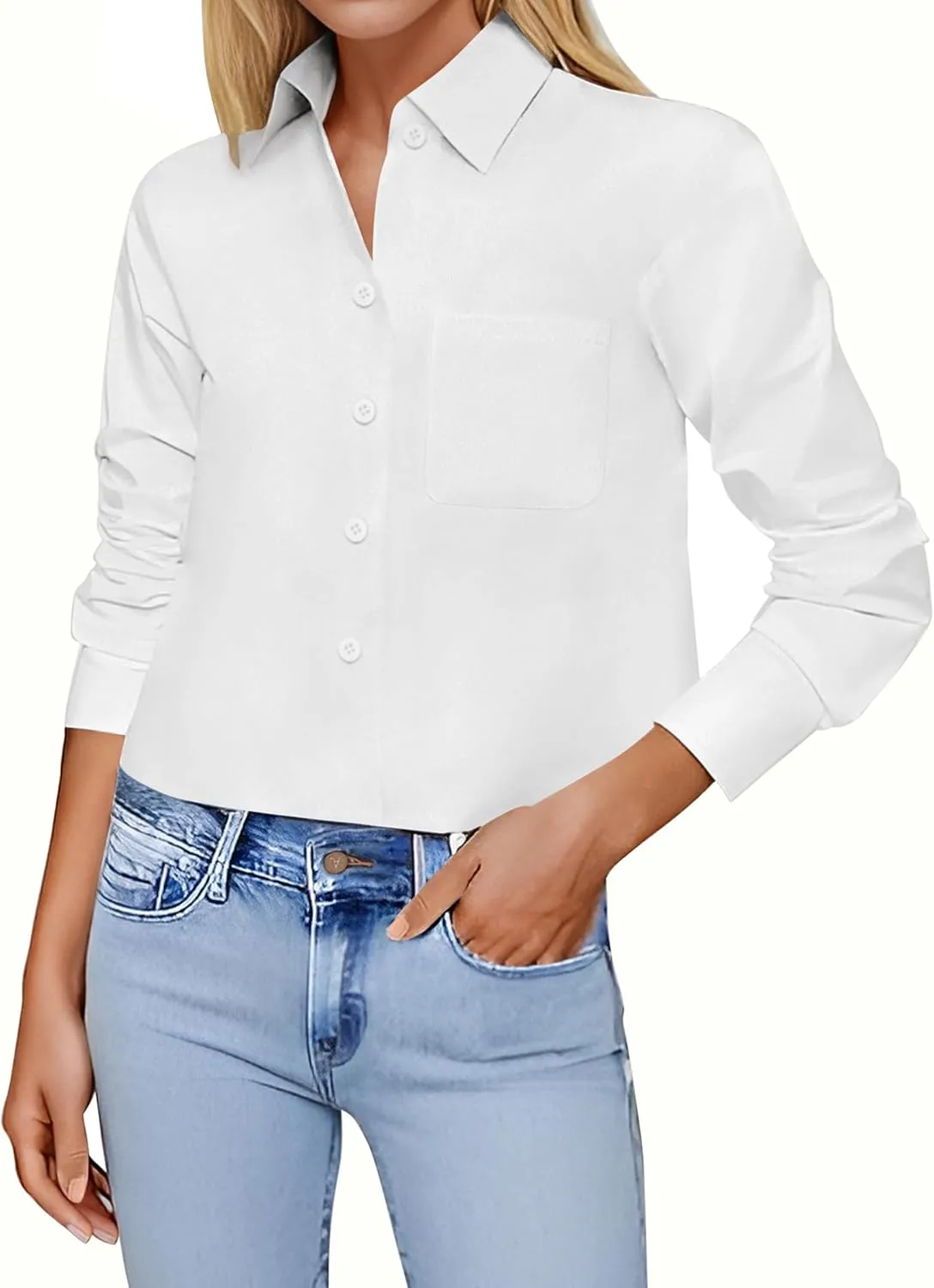 Zeagoo Cropped Button Down Shirts Long Sleeve V Neck Solid Tops