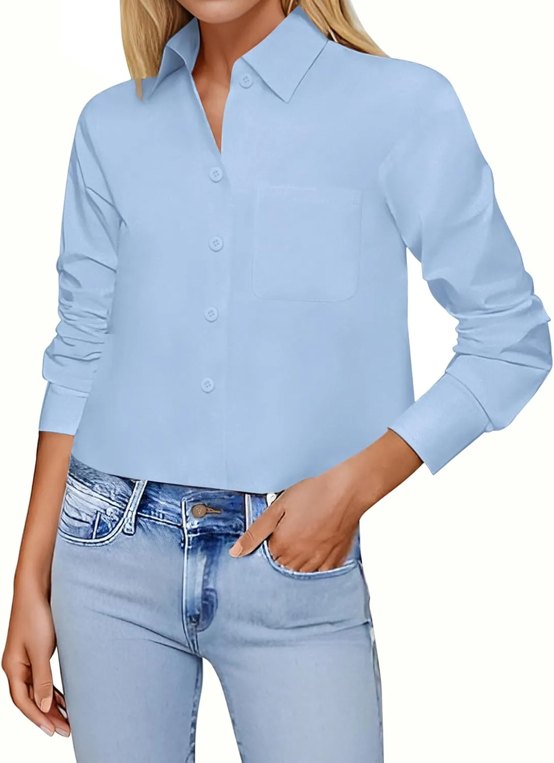 Zeagoo Cropped Button Down Shirts Long Sleeve V Neck Solid Tops