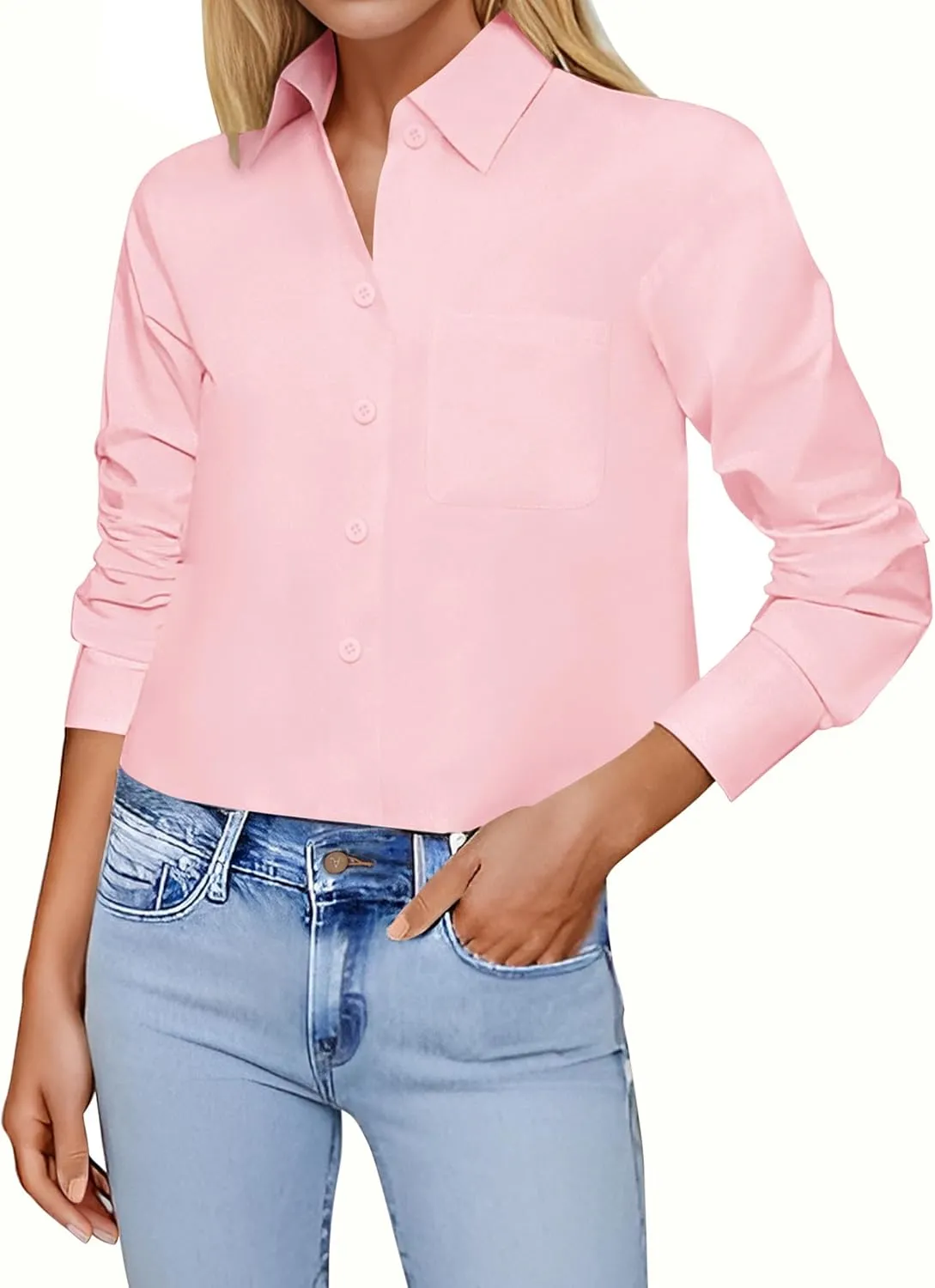 Zeagoo Cropped Button Down Shirts Long Sleeve V Neck Solid Tops