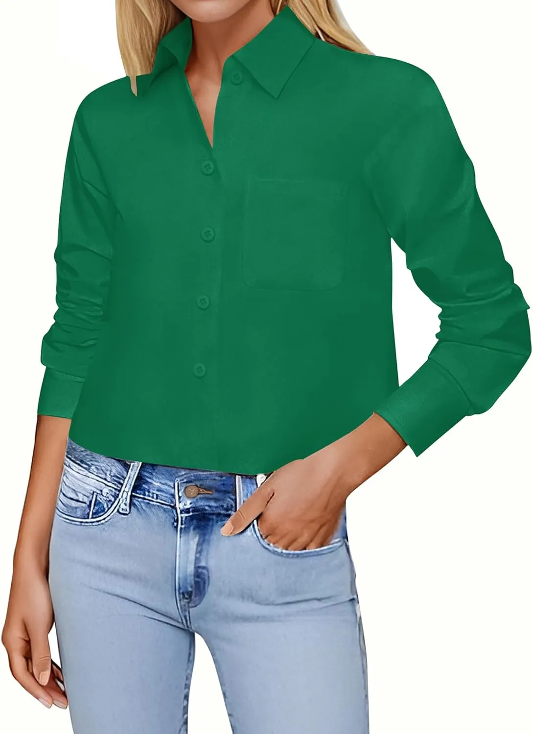 Zeagoo Cropped Button Down Shirts Long Sleeve V Neck Solid Tops