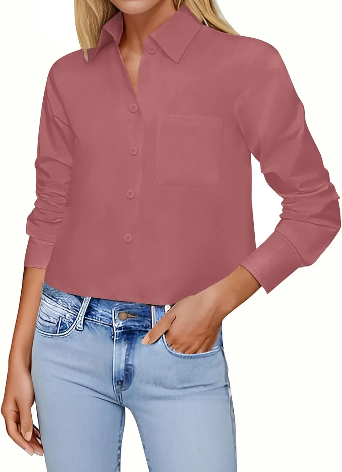 Zeagoo Cropped Button Down Shirts Long Sleeve V Neck Solid Tops