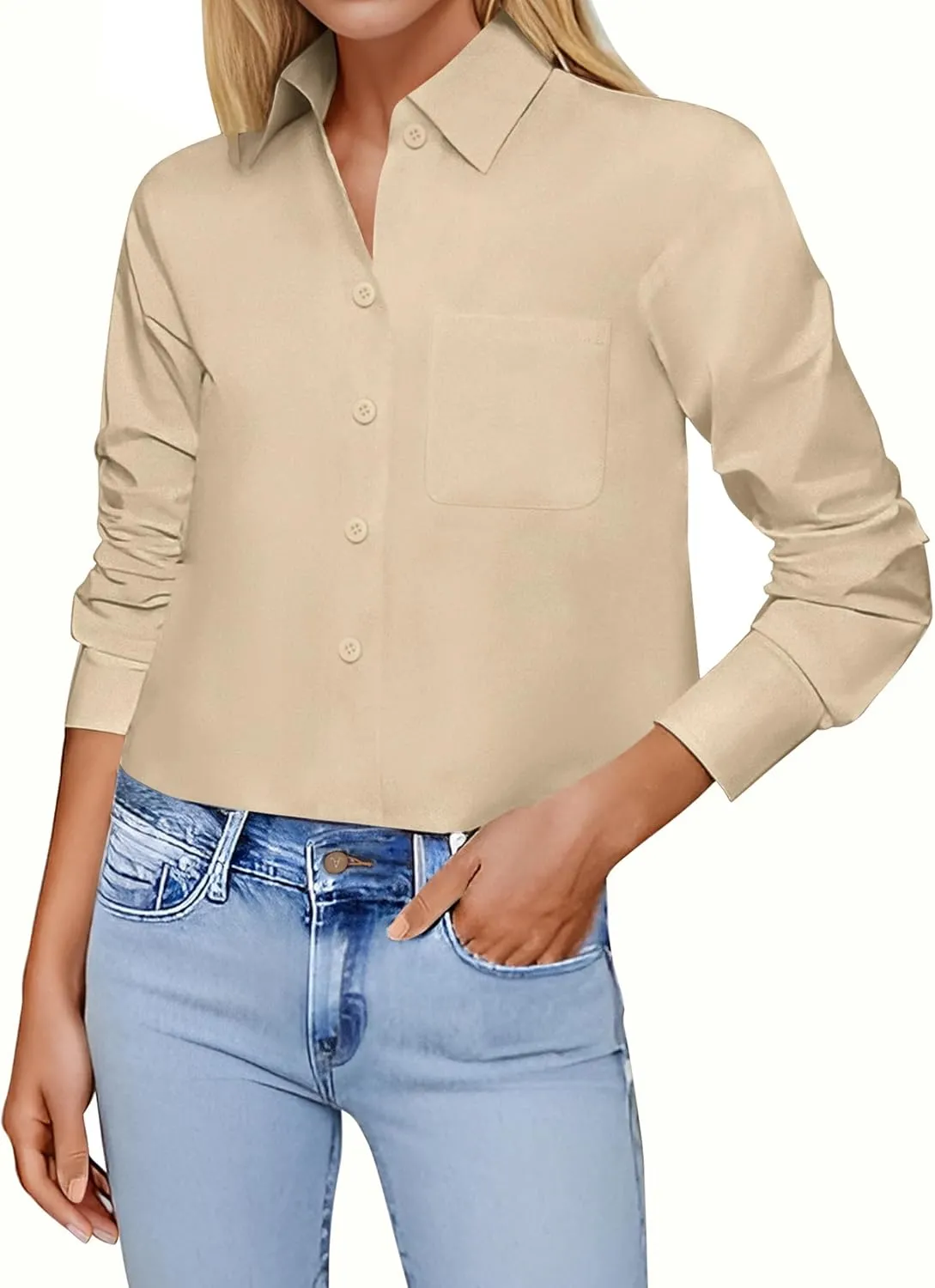 Zeagoo Cropped Button Down Shirts Long Sleeve V Neck Solid Tops