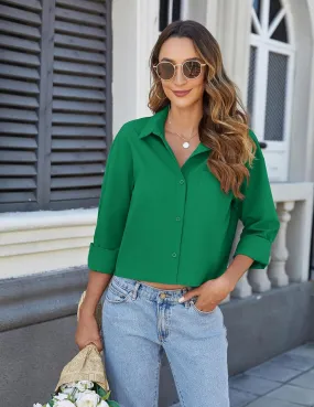 Zeagoo Cropped Button Down Shirts Long Sleeve V Neck Solid Tops