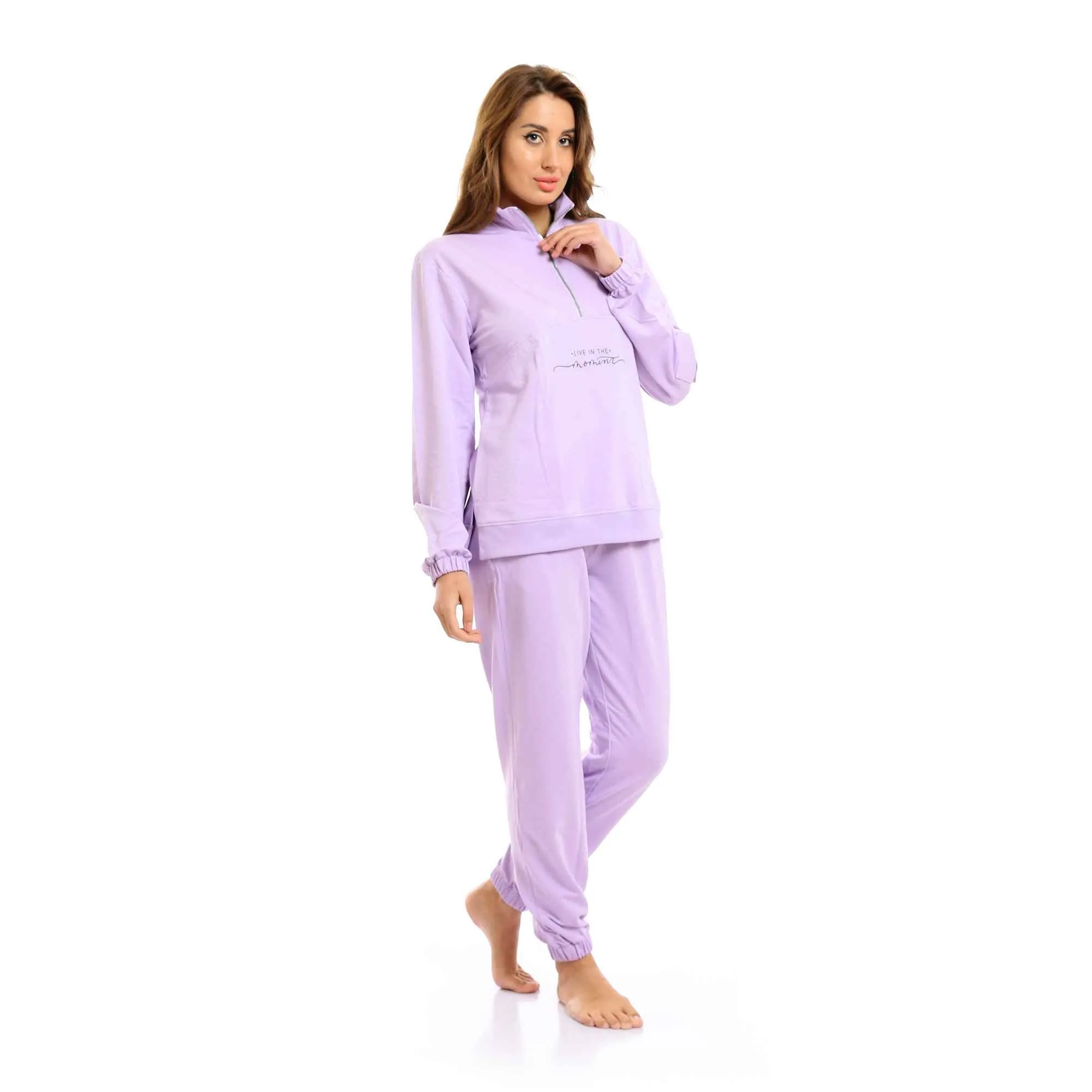 Zipped Neck Sweatshirt & Cotton Pants Pajama Set - Mauve