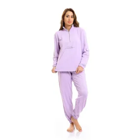 Zipped Neck Sweatshirt & Cotton Pants Pajama Set - Mauve